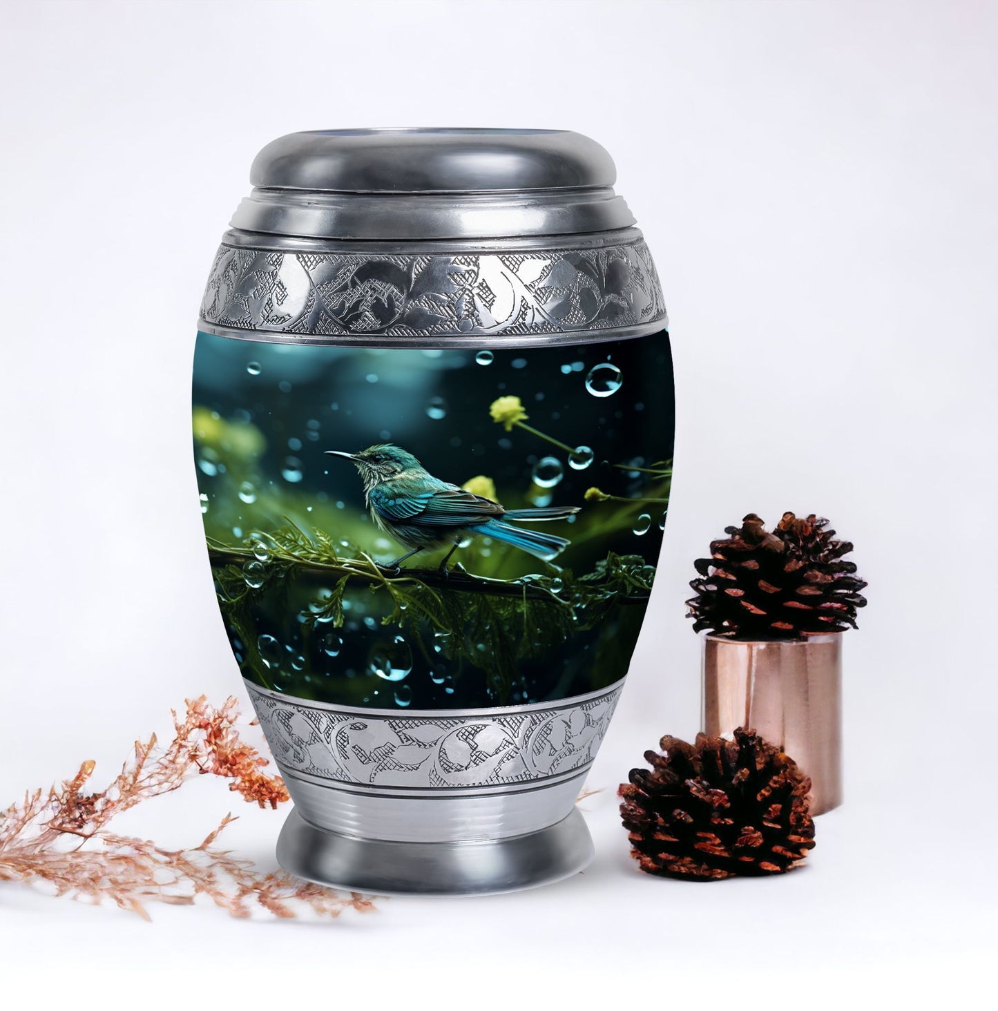 Classic Green Sparrow Aluminium Cremation Urn for Mother.