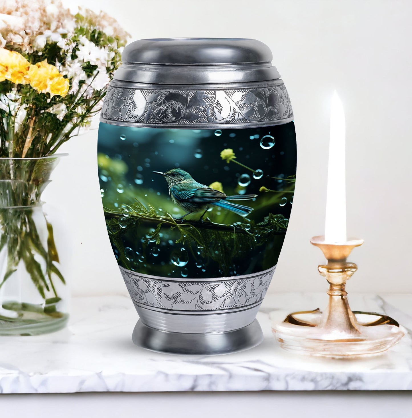 Classic Green Sparrow Aluminium Cremation Urn for Mother.