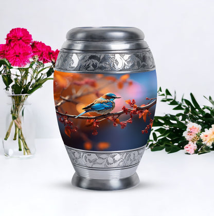 Blue Sparrow Memorial Urn, Large Aluminium Urn for Ashes.