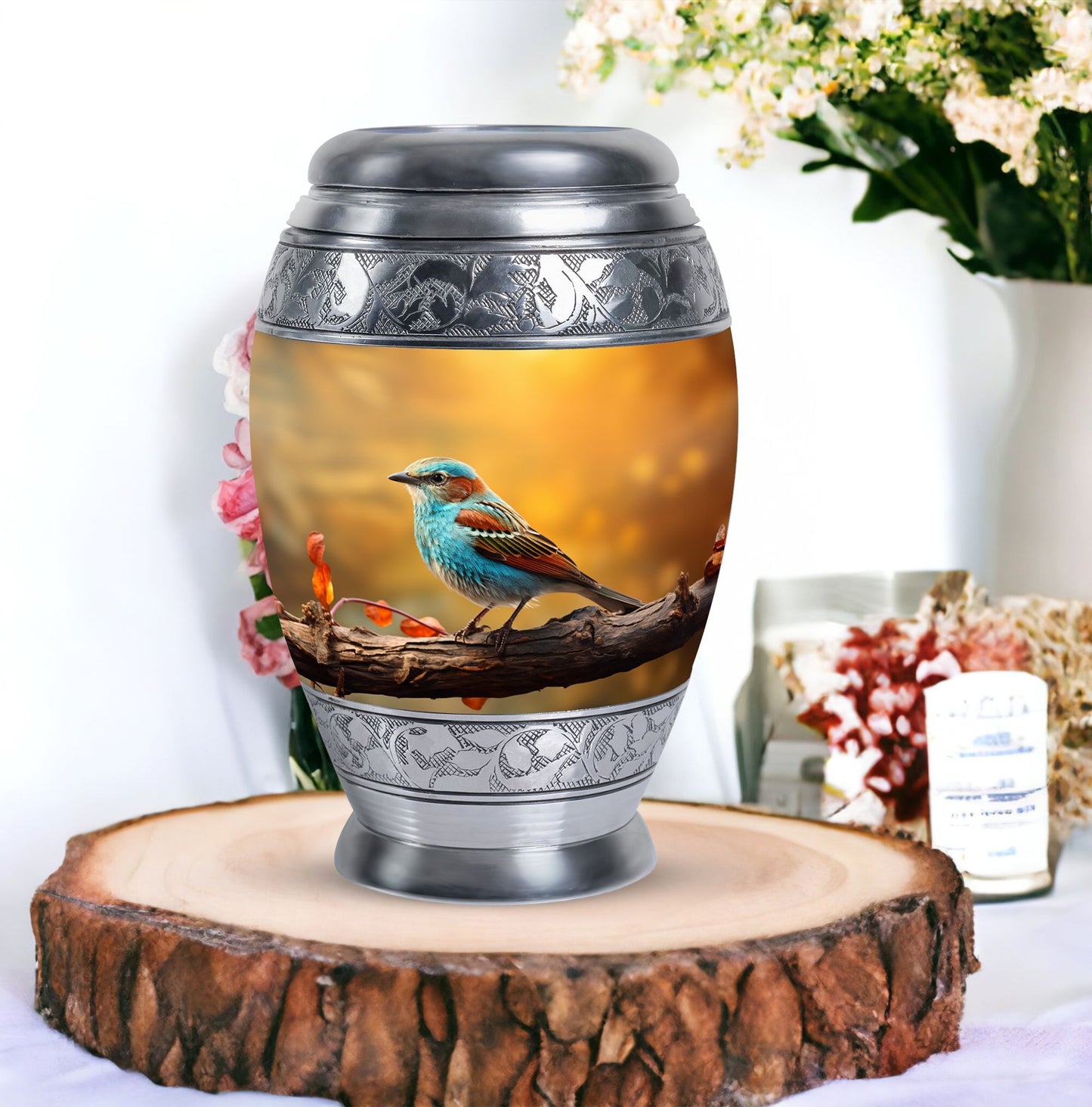 Classic large colorful sparrow cremation urn