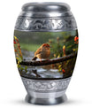 Classic sparrow cremation urn in aluminum.