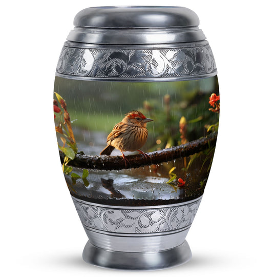 Classic sparrow cremation urn in aluminum.