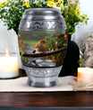 Classic sparrow cremation urn in aluminum.