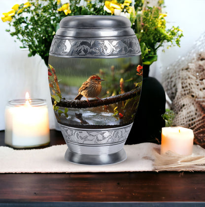 Classic sparrow cremation urn in aluminum.