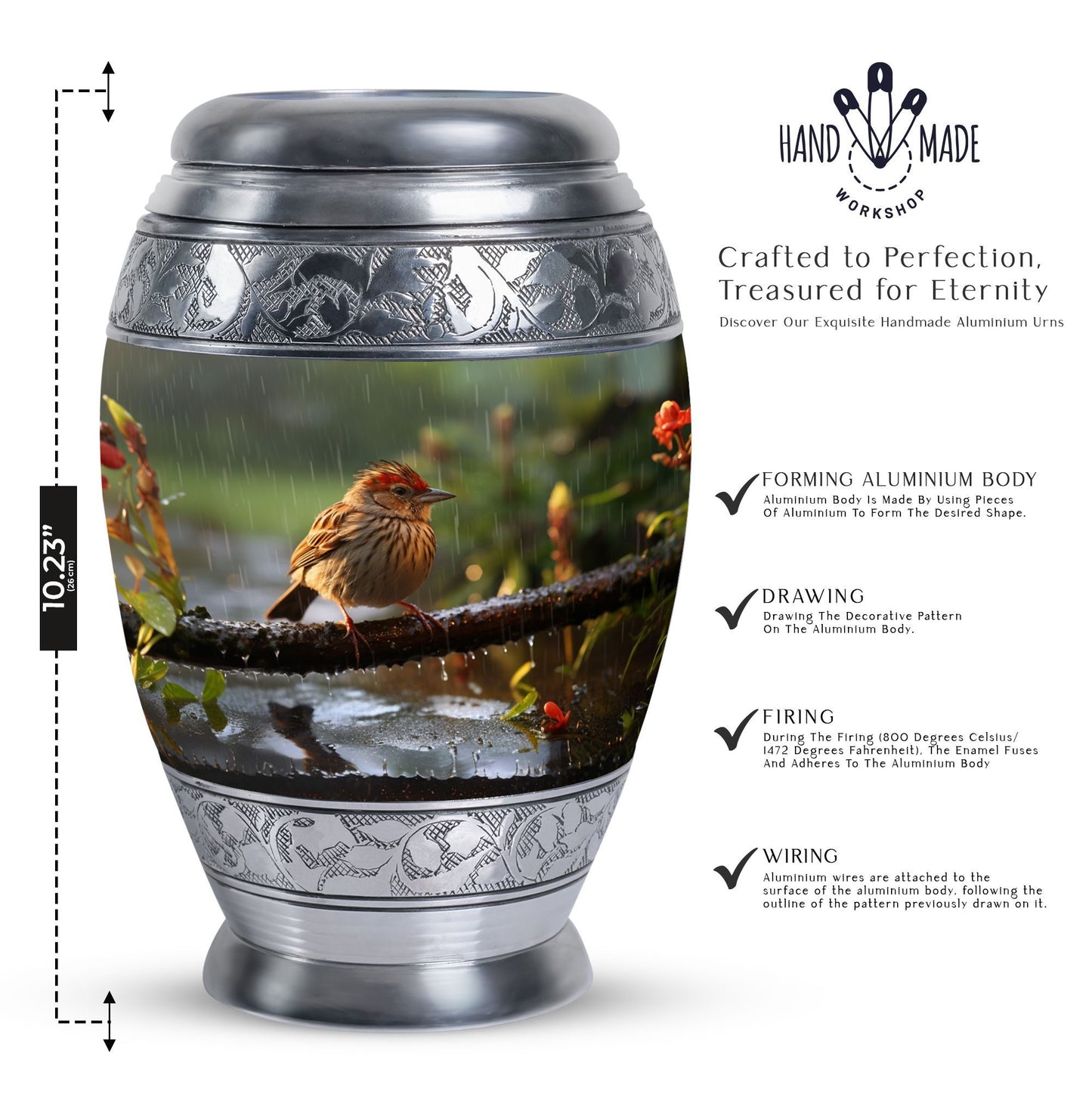Classic sparrow cremation urn in aluminum.