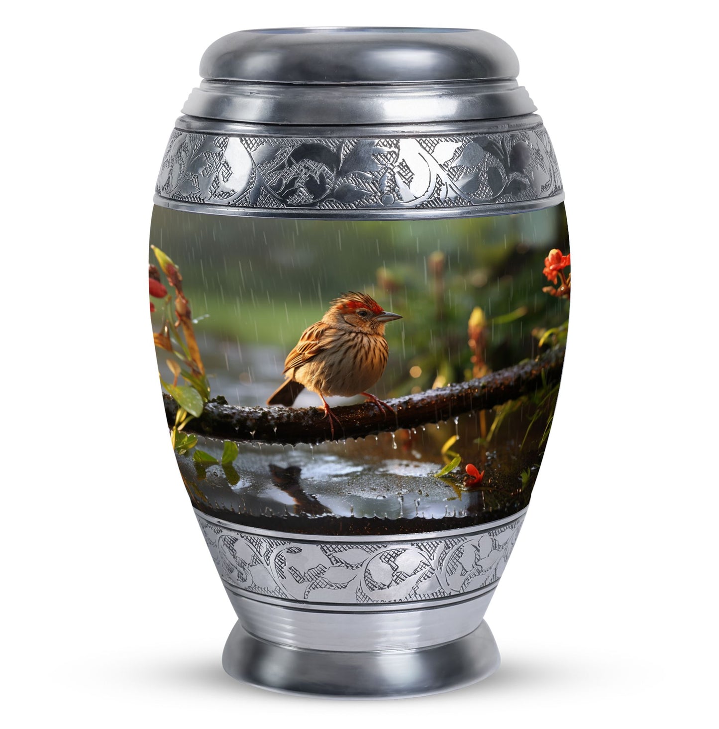 Classic sparrow cremation urn in aluminum.