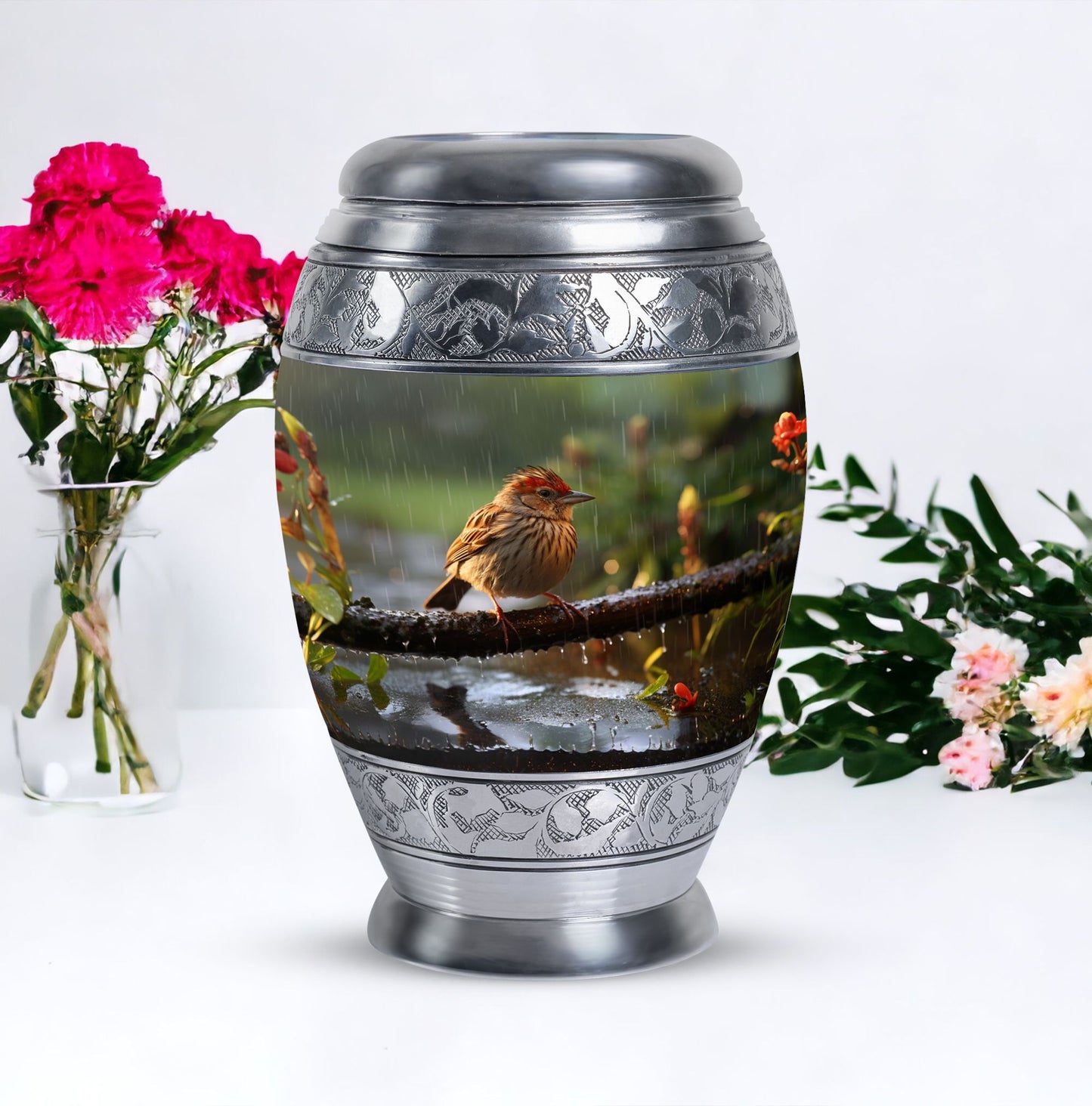 Classic sparrow cremation urn in aluminum.
