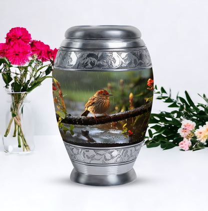 Classic sparrow cremation urn in aluminum.