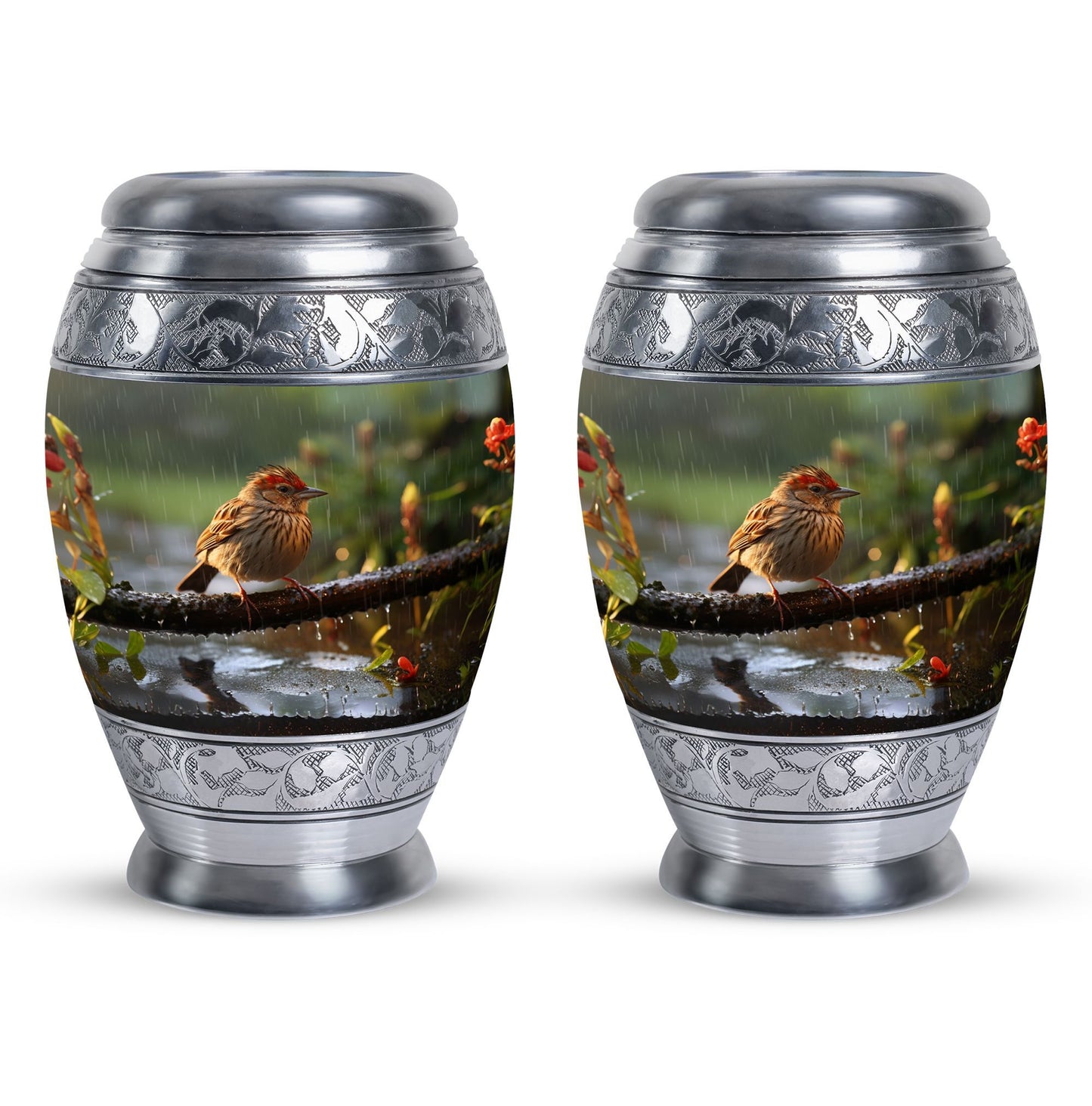 Classic sparrow cremation urn in aluminum.
