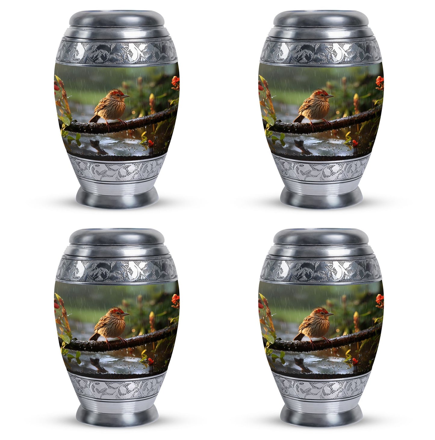 Classic sparrow cremation urn in aluminum.