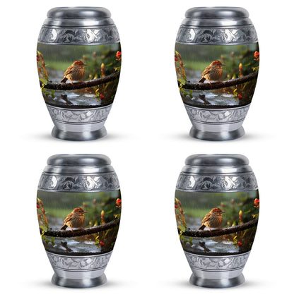 Classic sparrow cremation urn in aluminum.