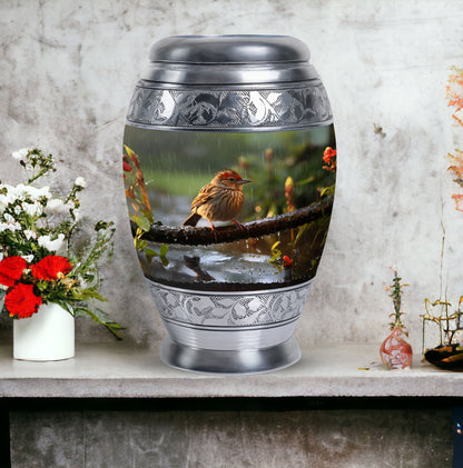 Classic sparrow cremation urn in aluminum.