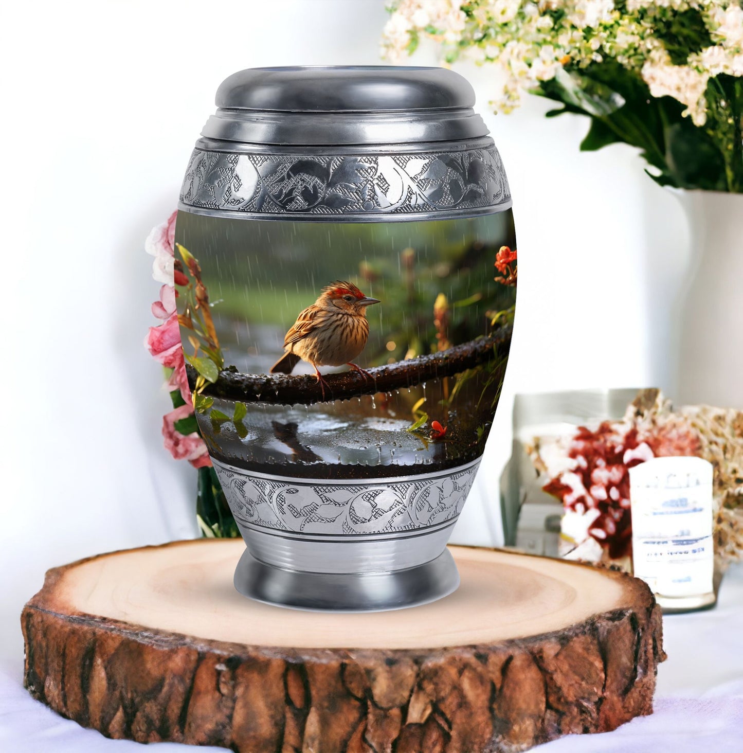 Classic sparrow cremation urn in aluminum.