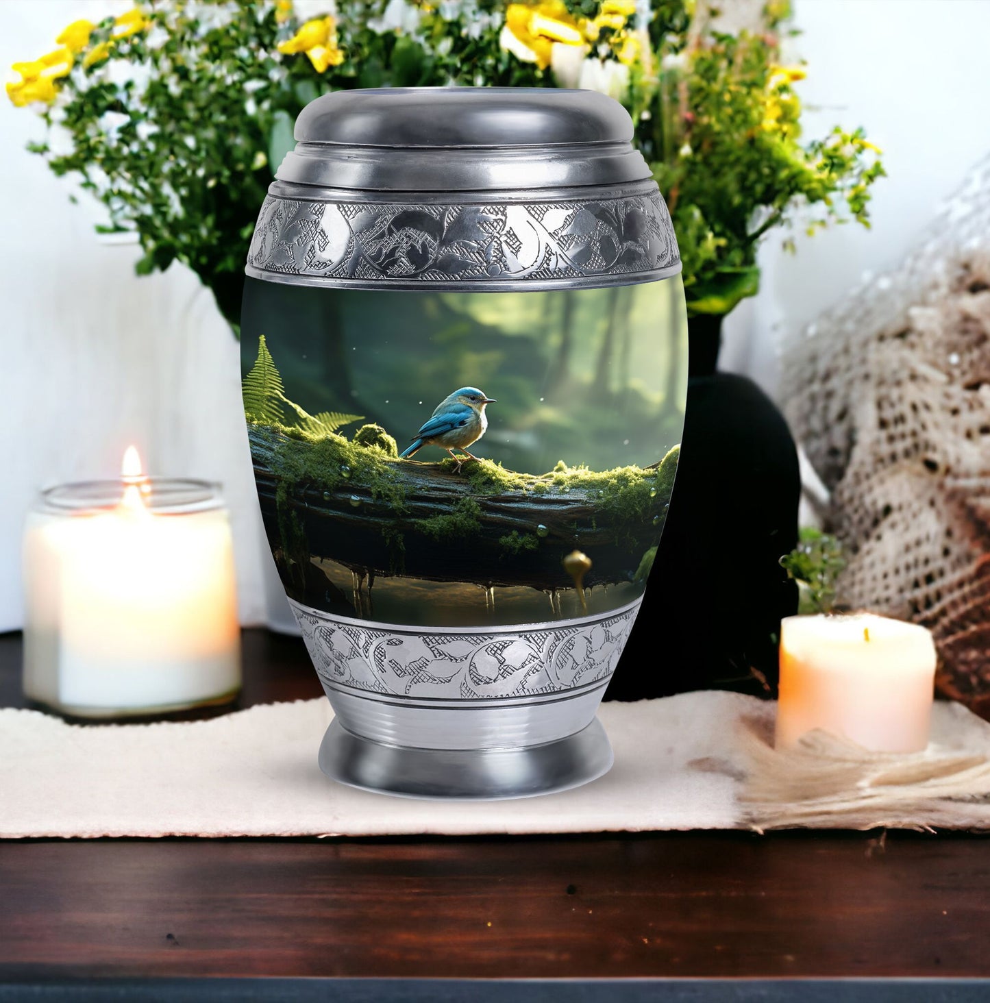 Blue Sparrow Cremation Urn, classic large urn.