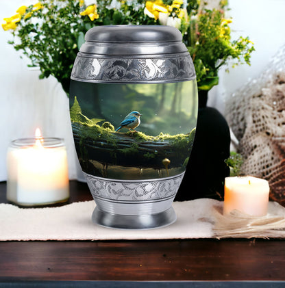 Blue Sparrow Cremation Urn, classic large urn.