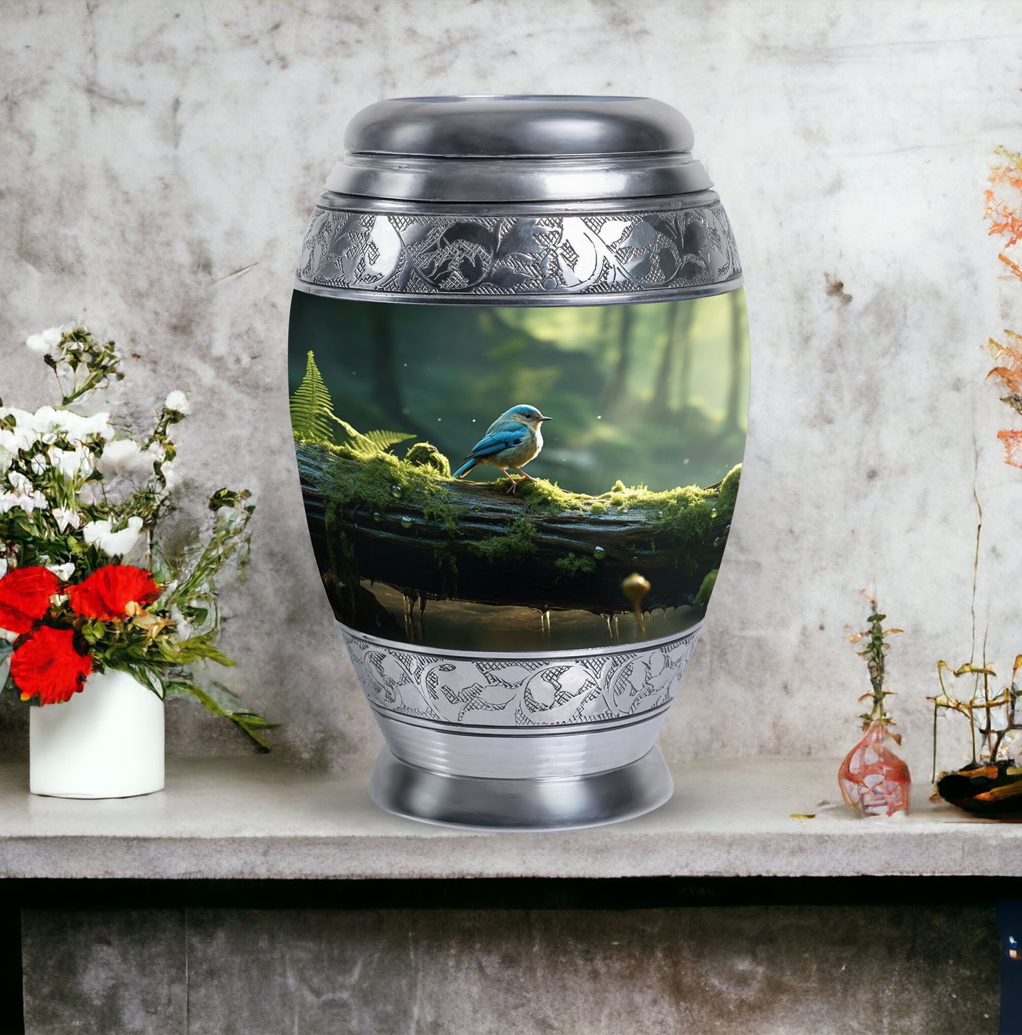Blue Sparrow Cremation Urn, classic large urn.