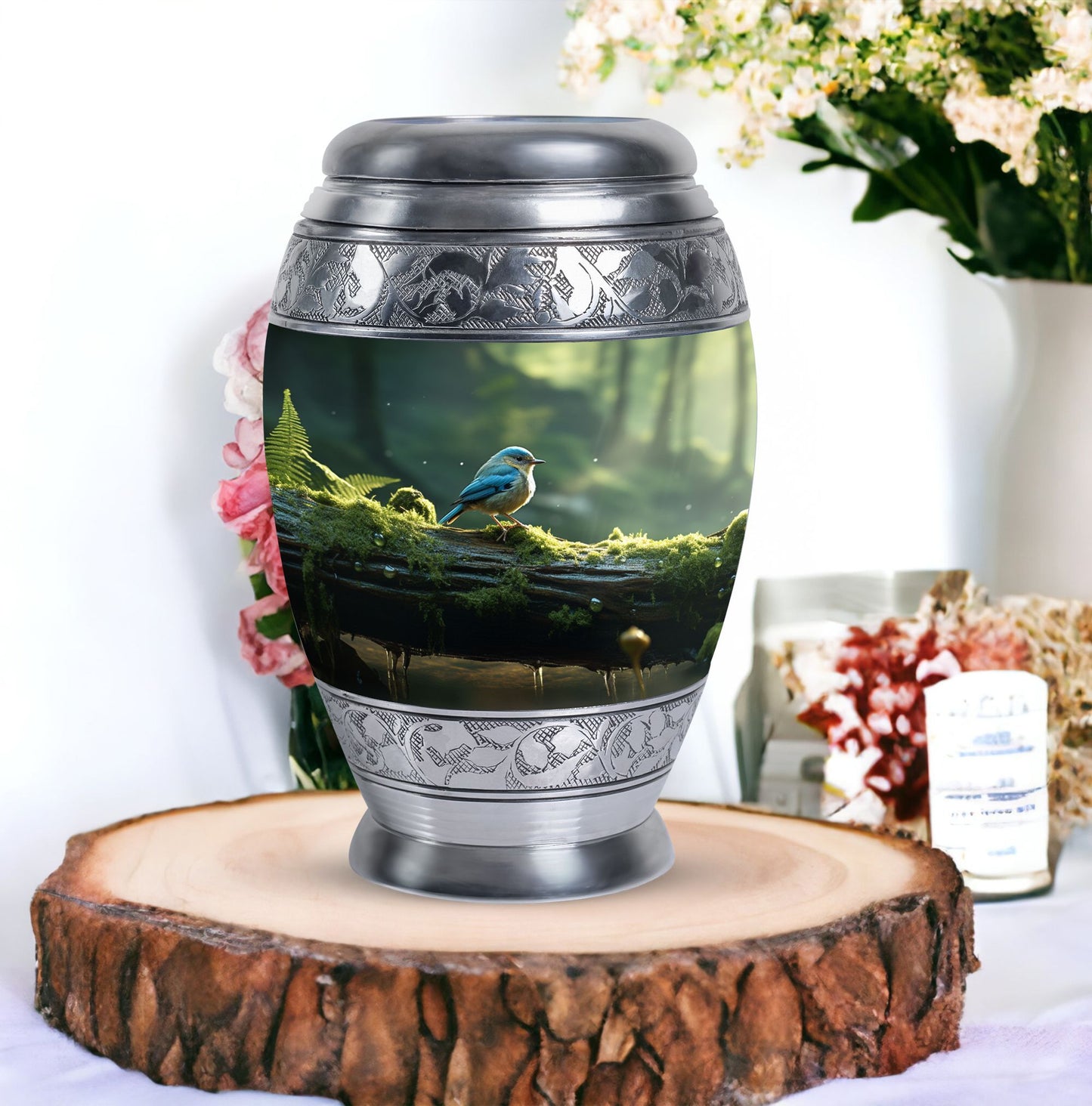 Blue Sparrow Cremation Urn, classic large urn.