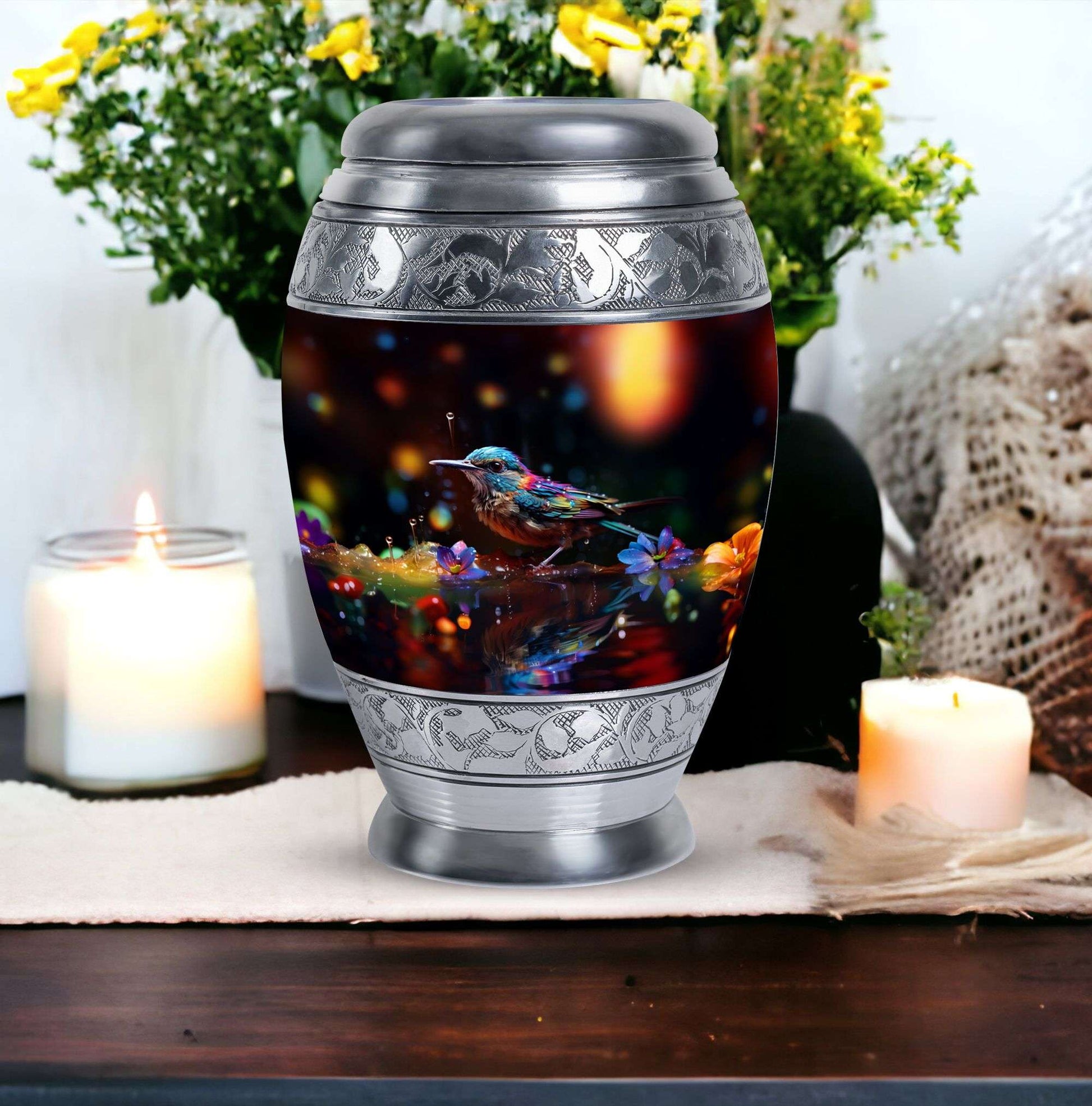 Blue Sparrow classic aluminum urn for cremation.