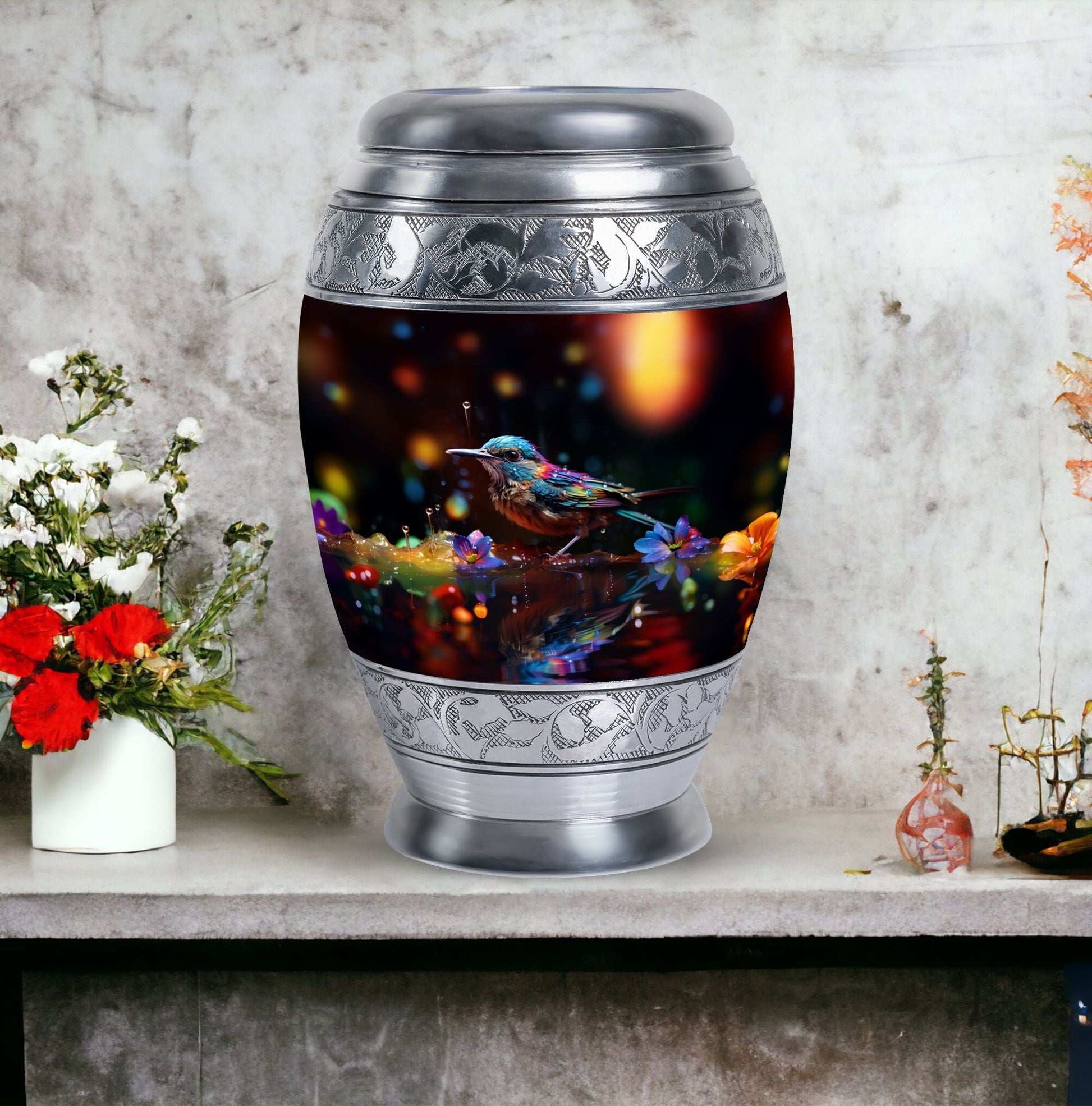 Blue Sparrow classic aluminum urn for cremation.