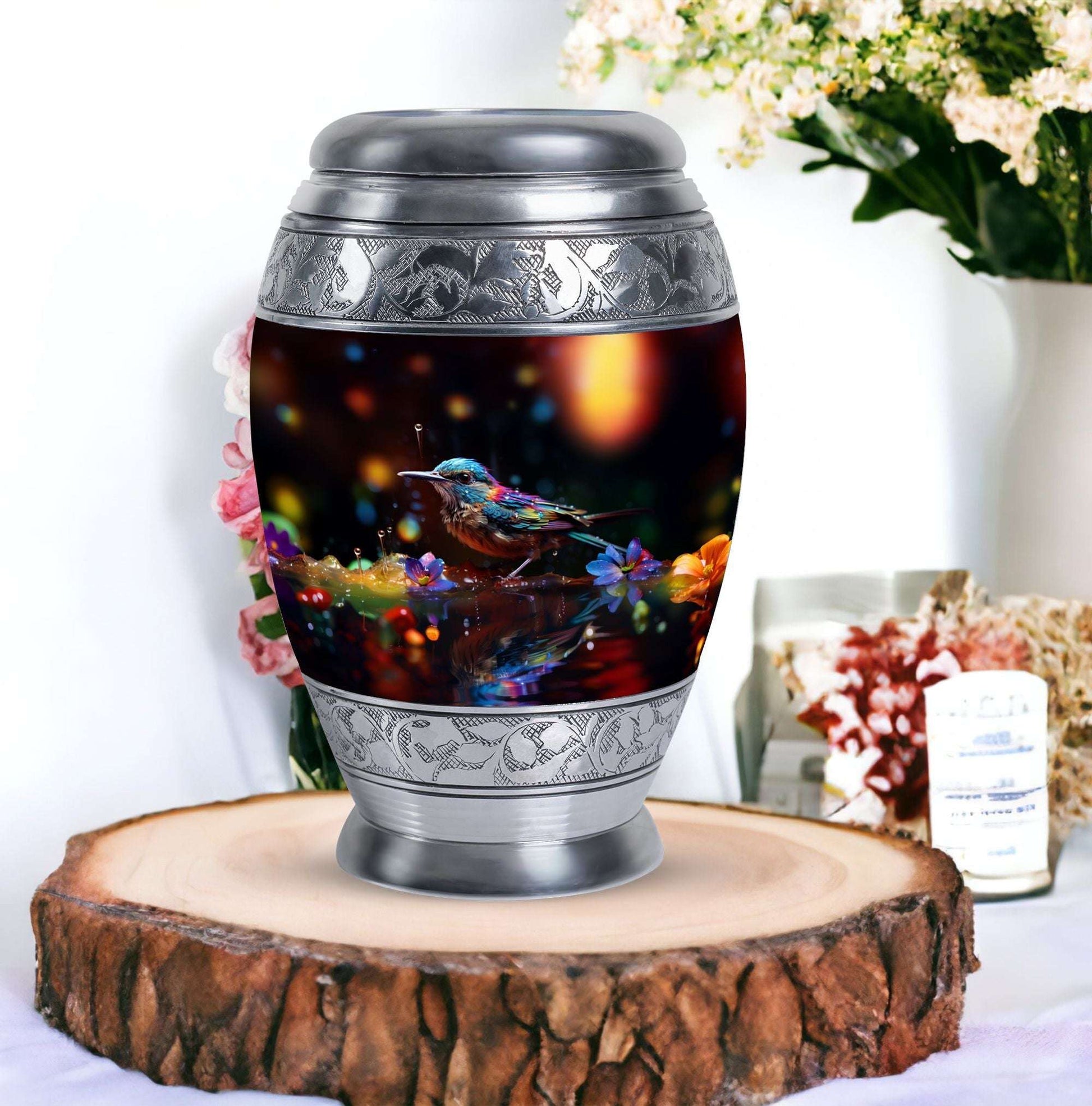 Blue Sparrow classic aluminum urn for cremation.