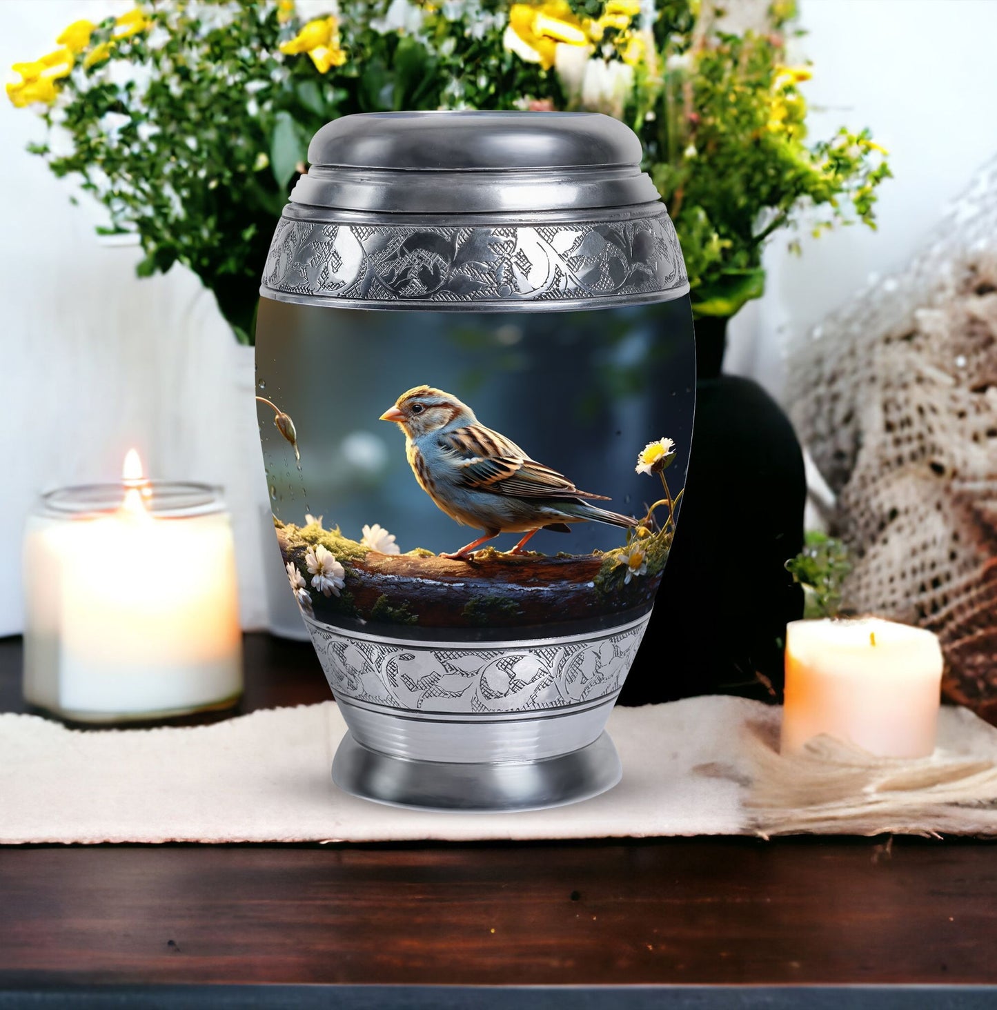 Sparrow Urn for Ashes, Large Aluminium Urn.