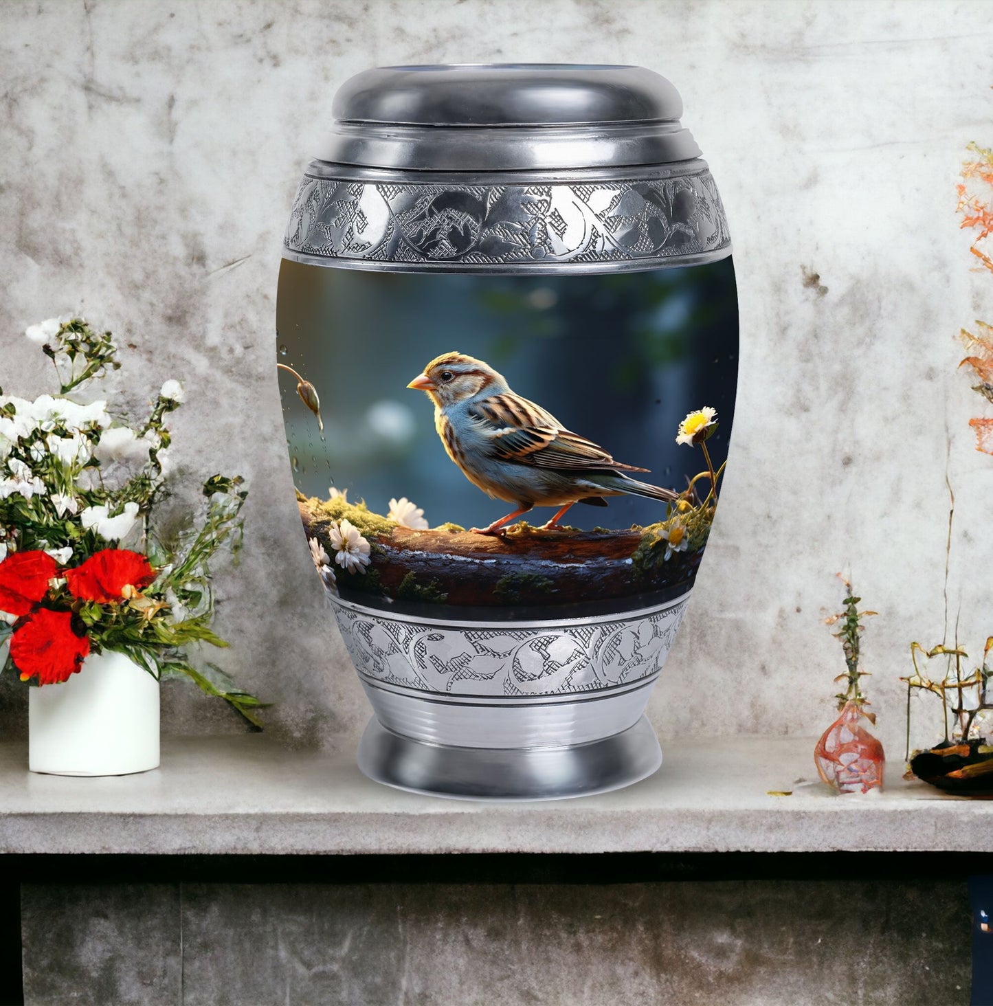 Sparrow Urn for Ashes, Large Aluminium Urn.