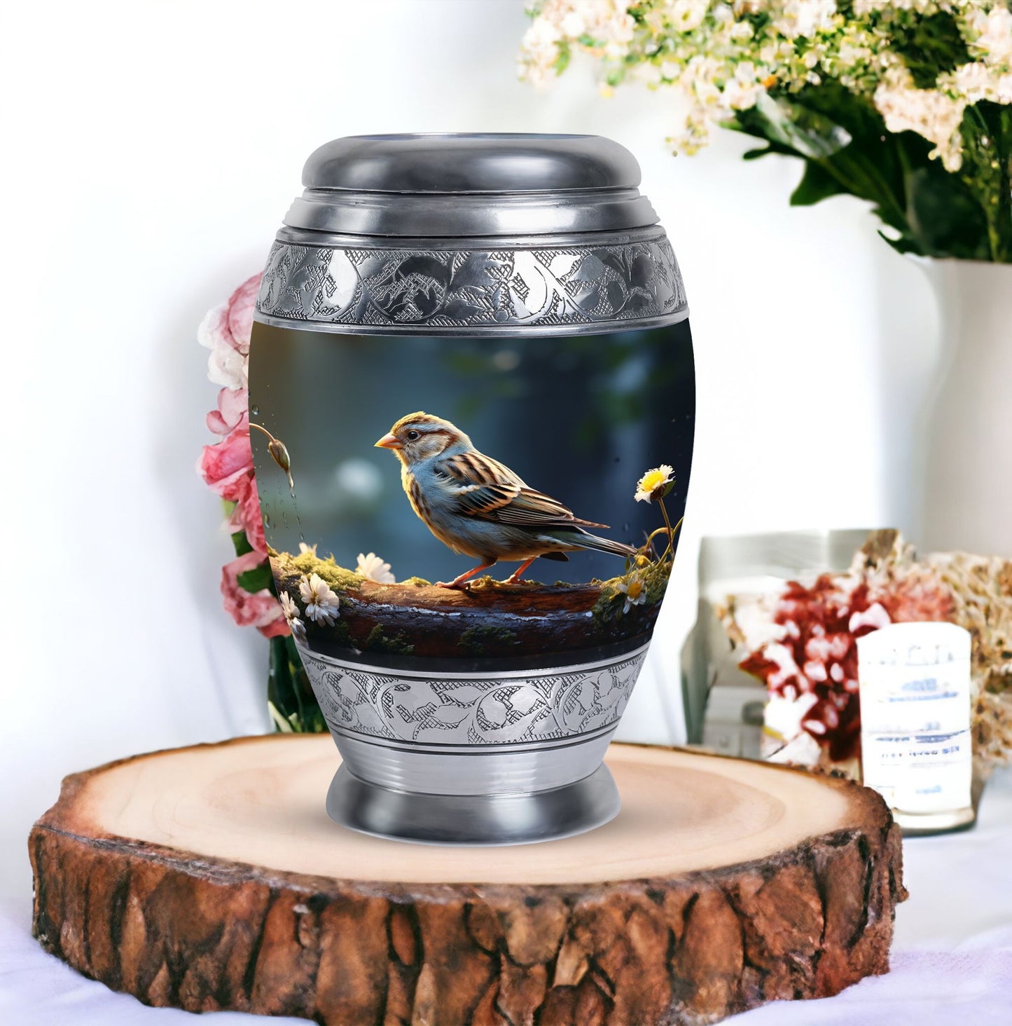 Sparrow Urn for Ashes, Large Aluminium Urn.