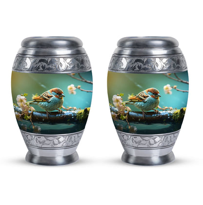 3-Inch Golden Sparrow Memorial Urn, classic design.