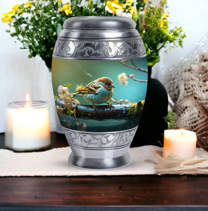 3-Inch Golden Sparrow Memorial Urn, classic design.