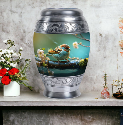 3-Inch Golden Sparrow Memorial Urn, classic design.
