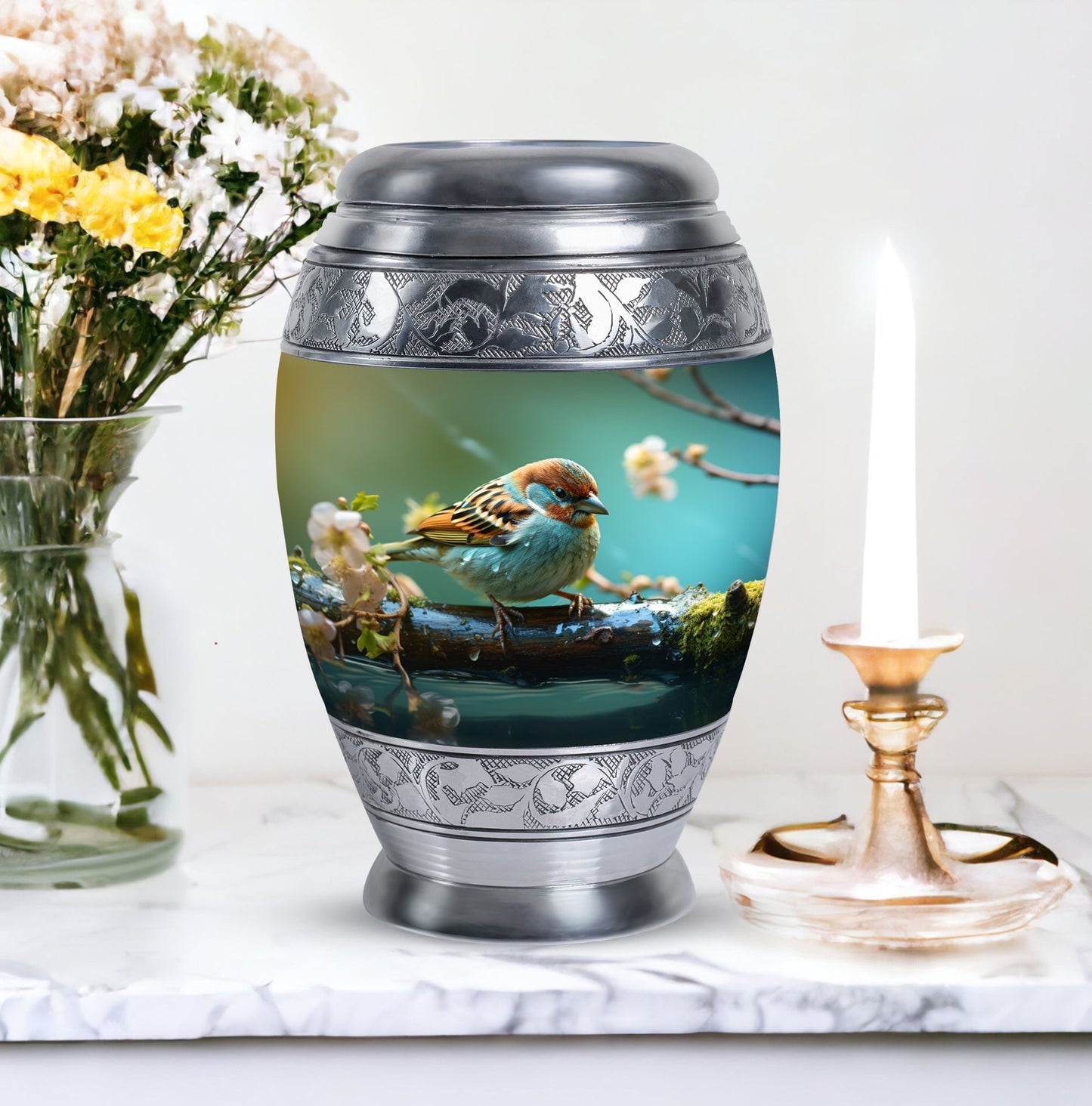 3-Inch Golden Sparrow Memorial Urn, classic design.