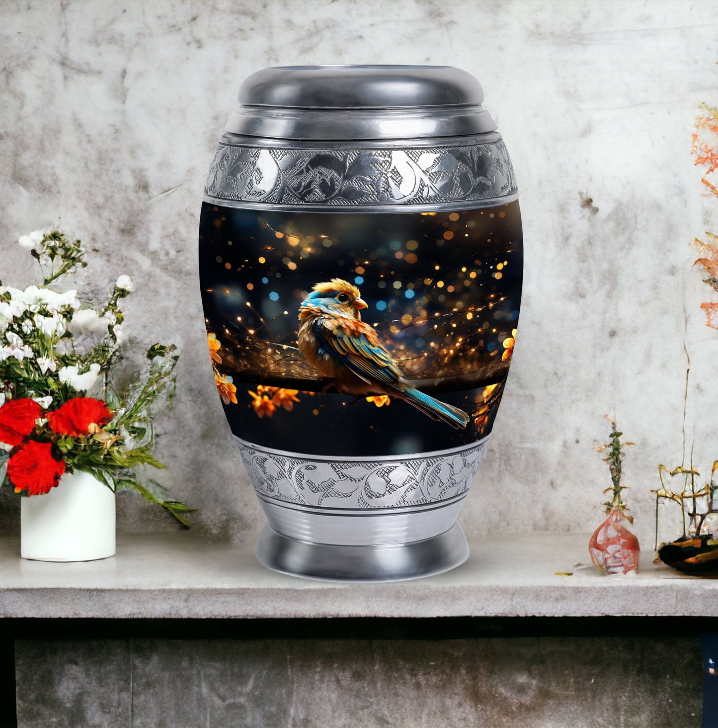 Classic Yellow Sparrow Urn for ashes, Large aluminium urn