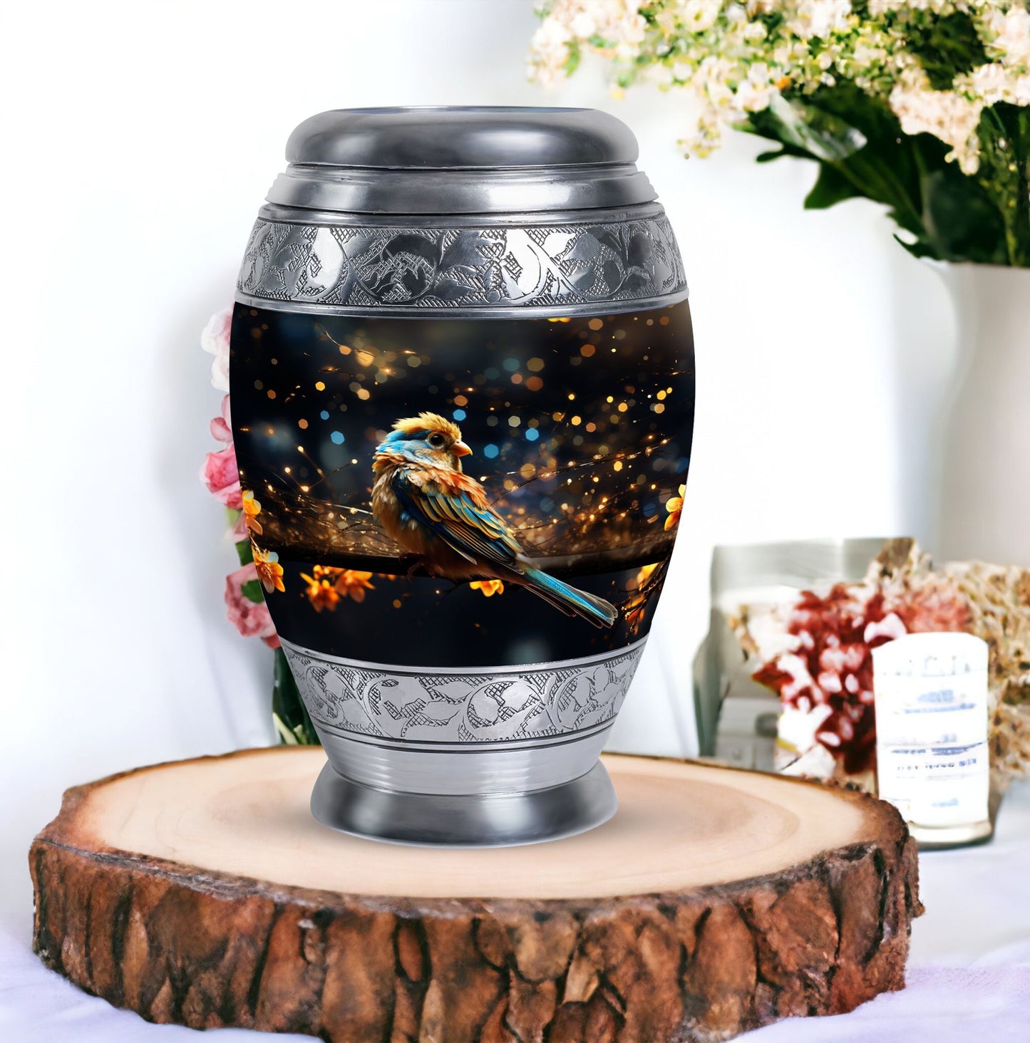 Classic Yellow Sparrow Urn for ashes, Large aluminium urn