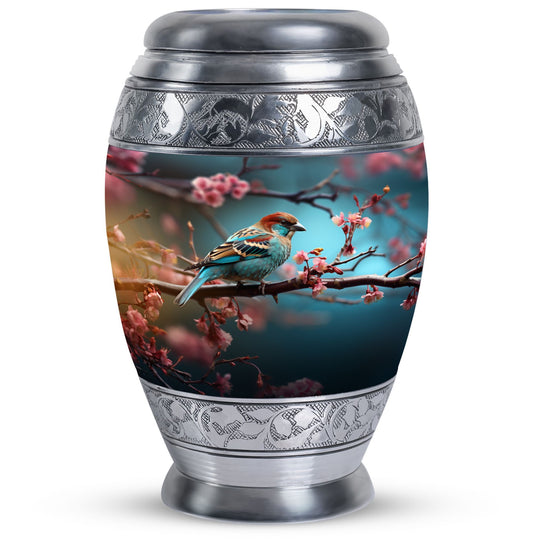 Classic sparrow cremation urn in aluminium.