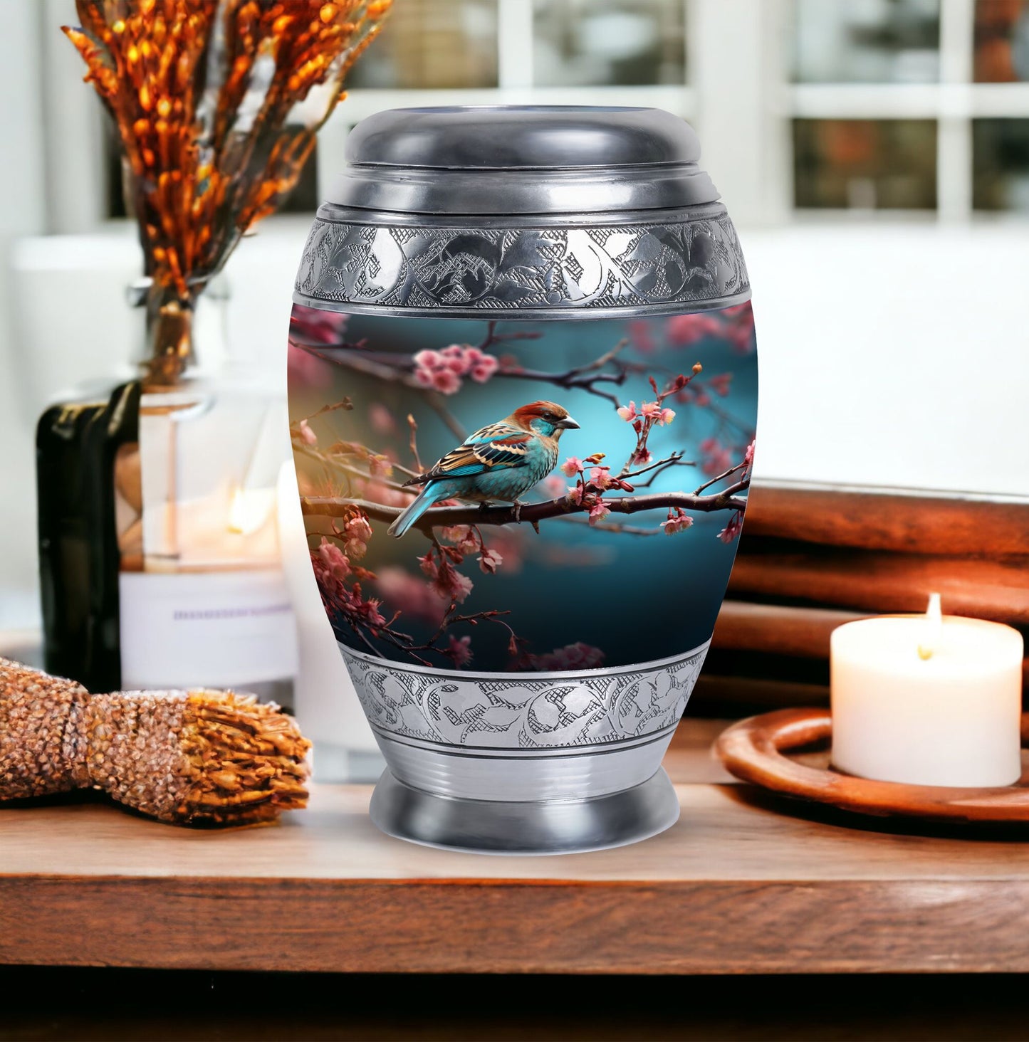 Classic sparrow cremation urn in aluminium.