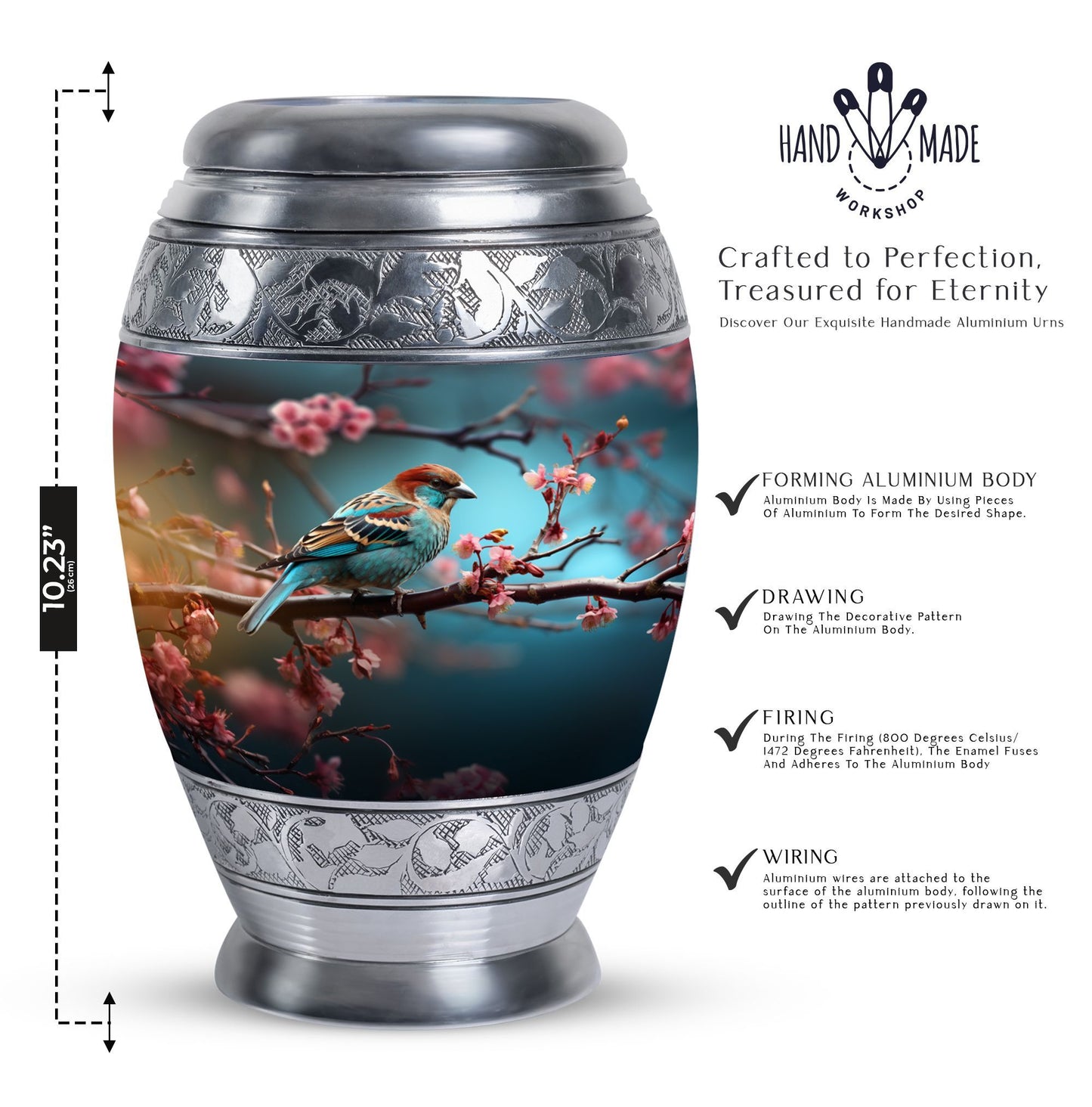 Classic sparrow cremation urn in aluminium.