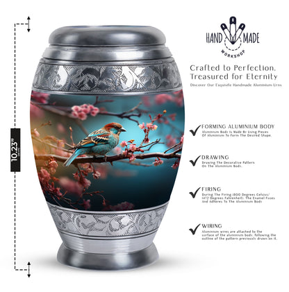 Classic sparrow cremation urn in aluminium.