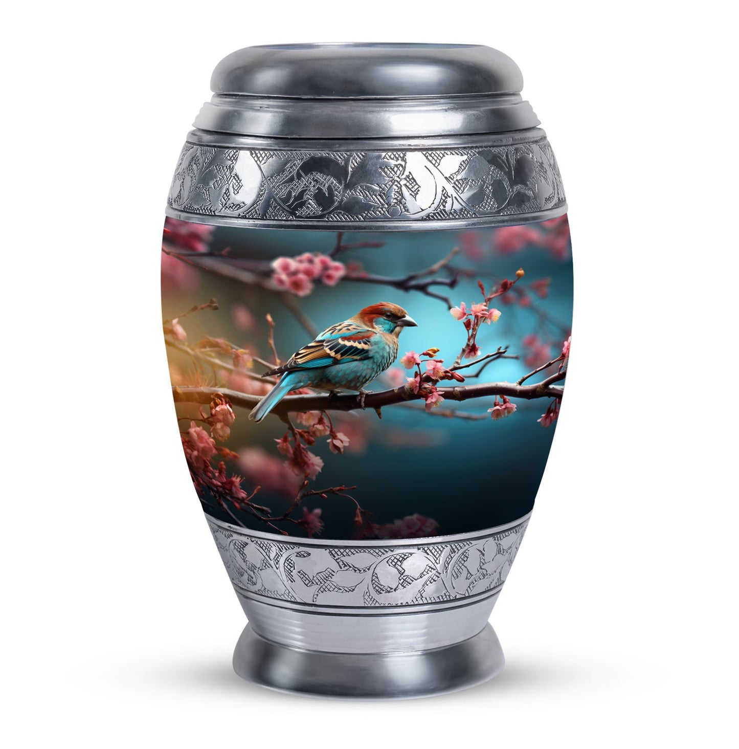 Classic sparrow cremation urn in aluminium.