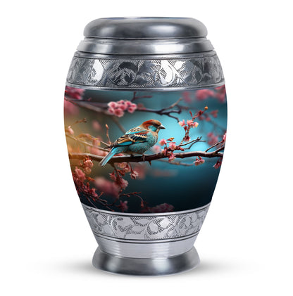 Classic sparrow cremation urn in aluminium.