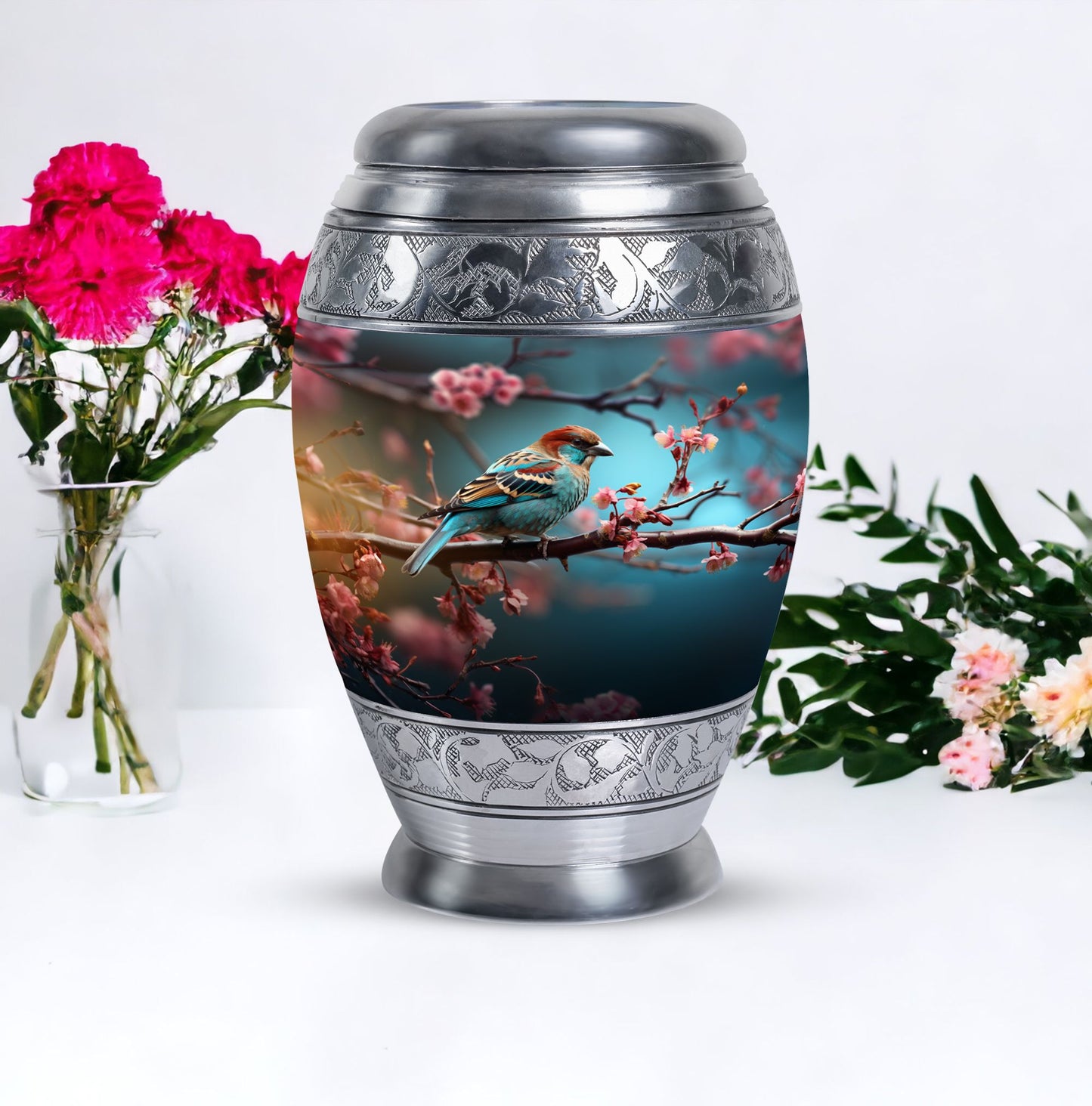 Classic sparrow cremation urn in aluminium.