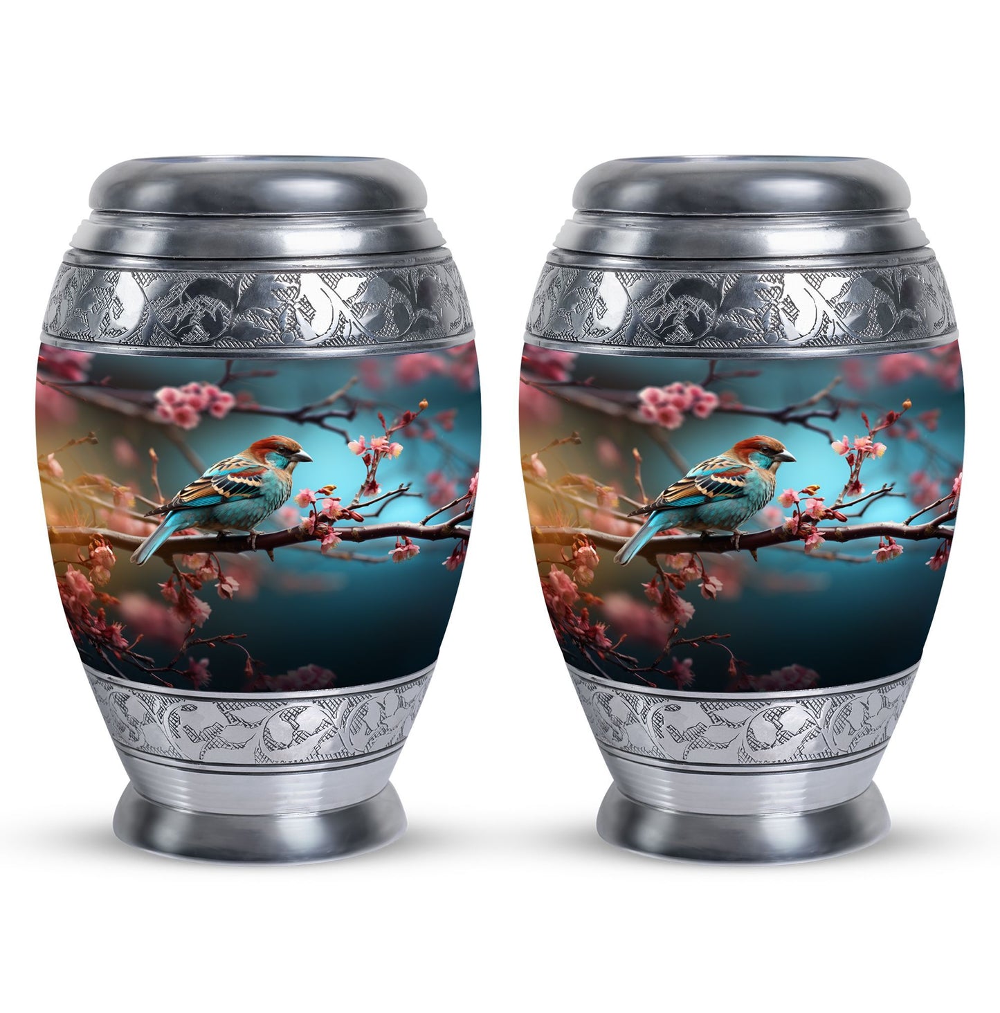 Classic sparrow cremation urn in aluminium.
