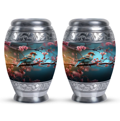 Classic sparrow cremation urn in aluminium.