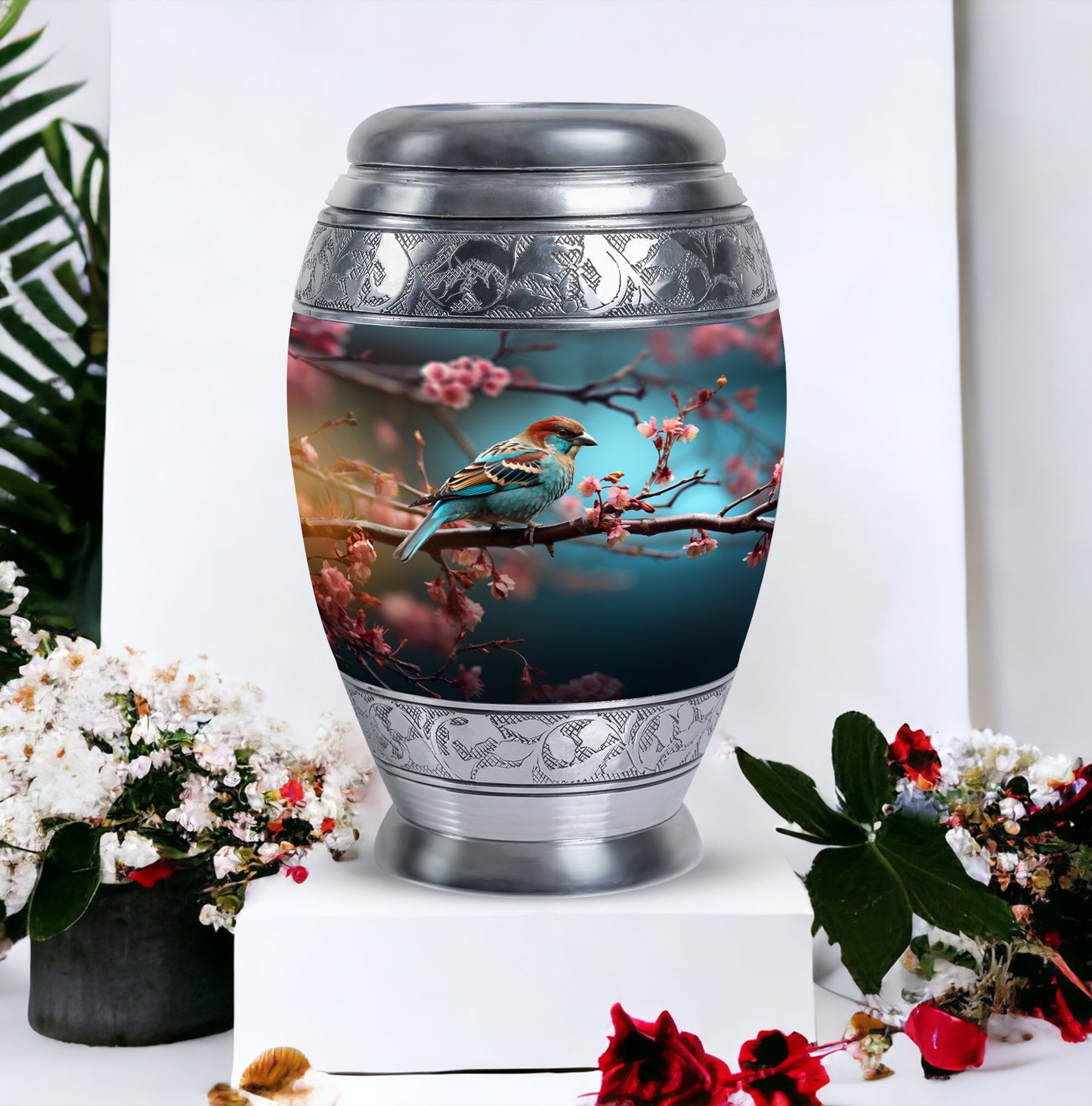 Classic sparrow cremation urn in aluminium.