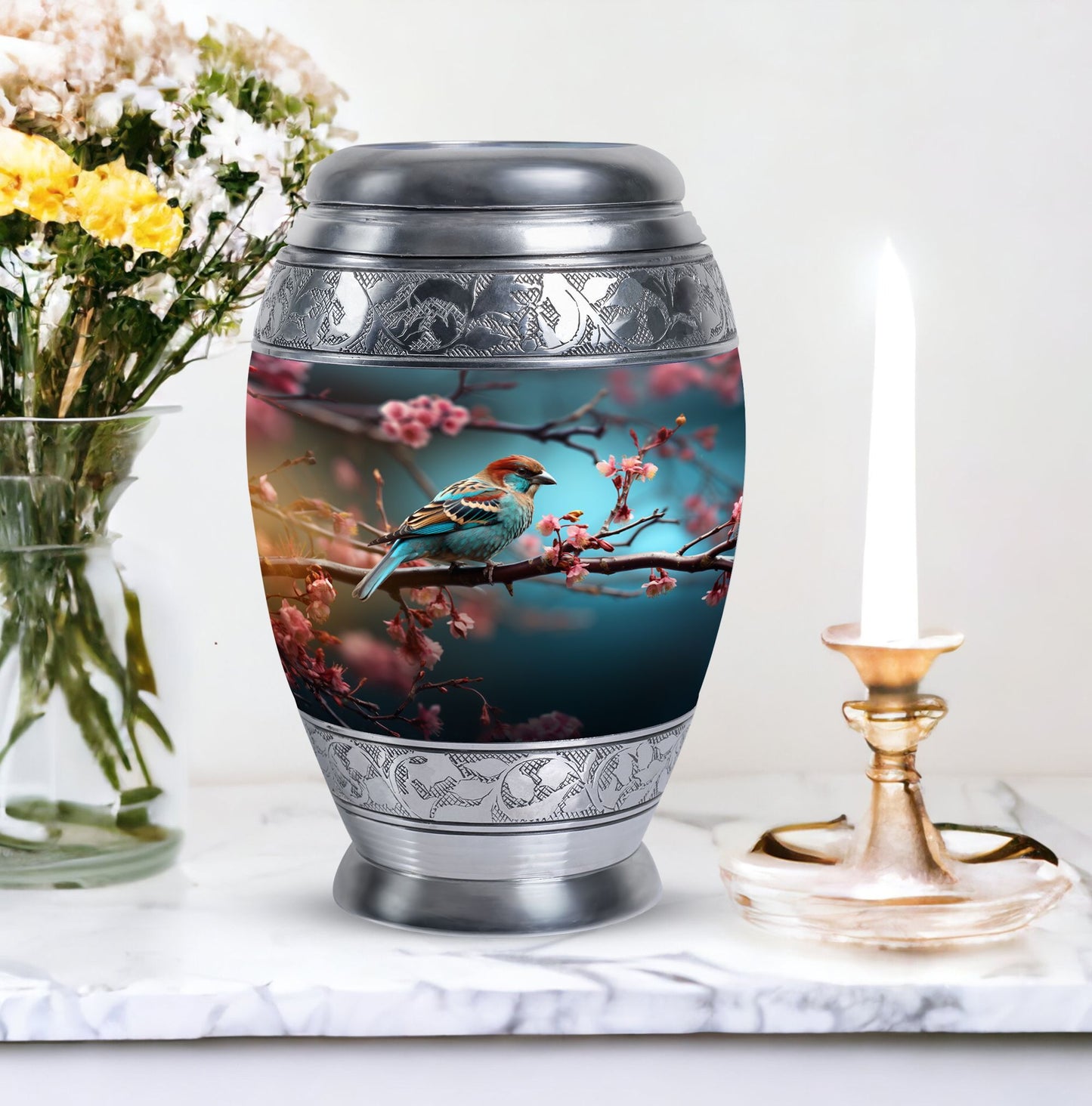 Classic sparrow cremation urn in aluminium.