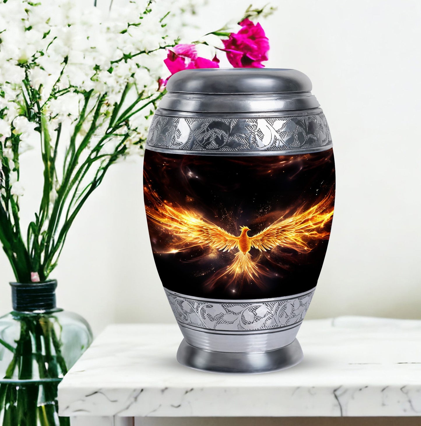 Yellow Phoenix 10-inch Urn, Personalized for Human Ashes