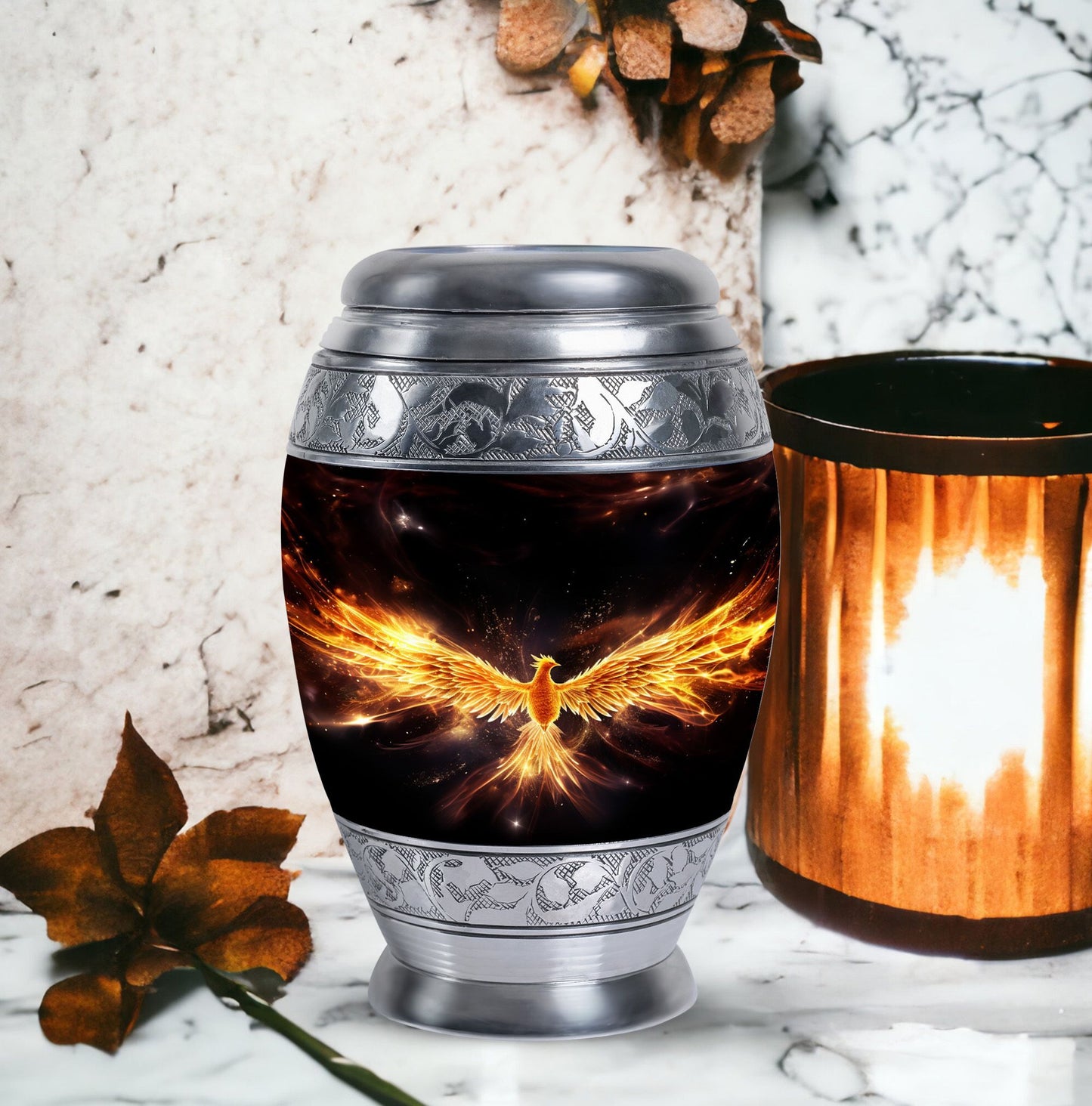 Yellow Phoenix 10-inch Urn, Personalized for Human Ashes