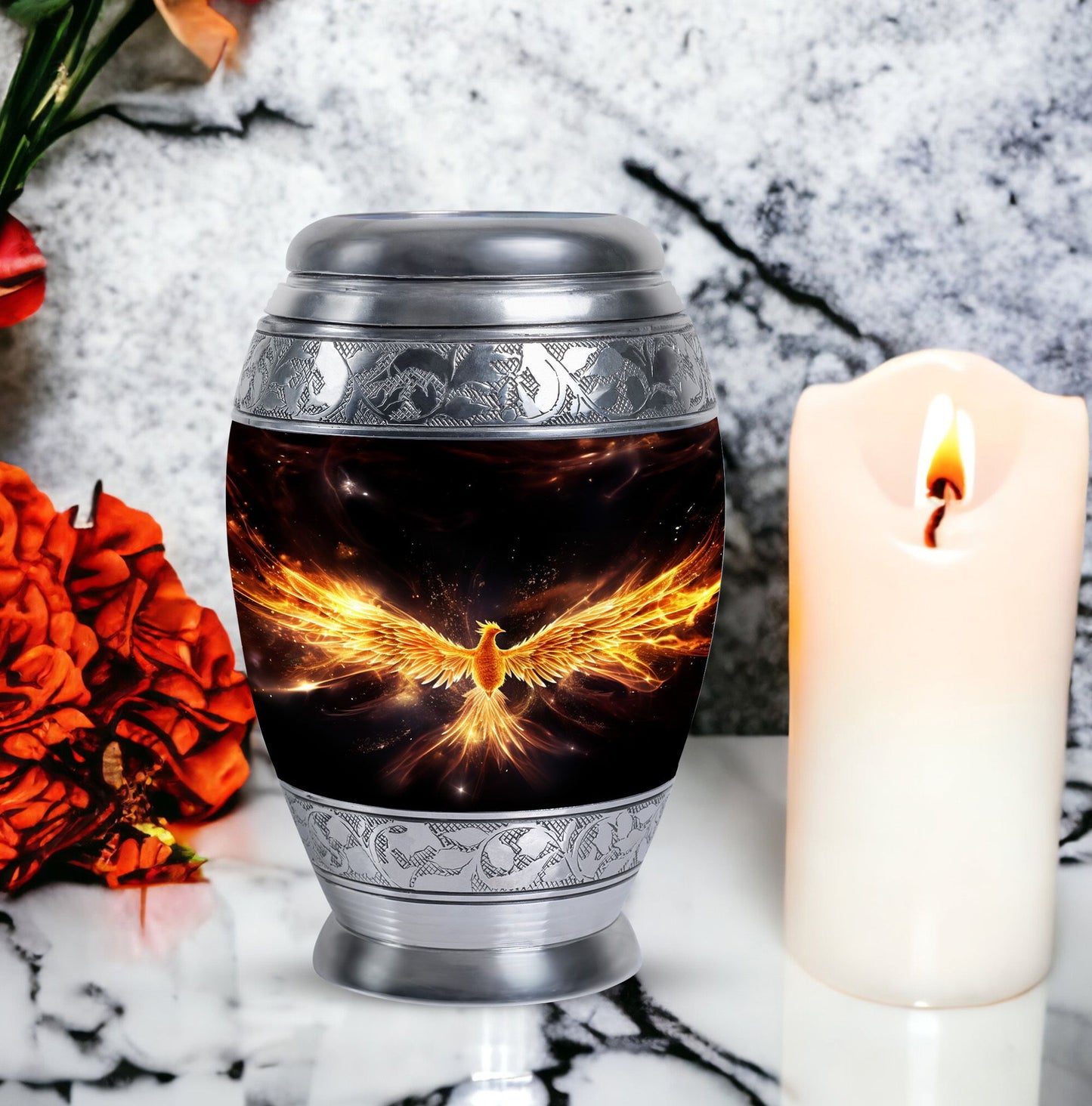 Yellow Phoenix 10-inch Urn, Personalized for Human Ashes