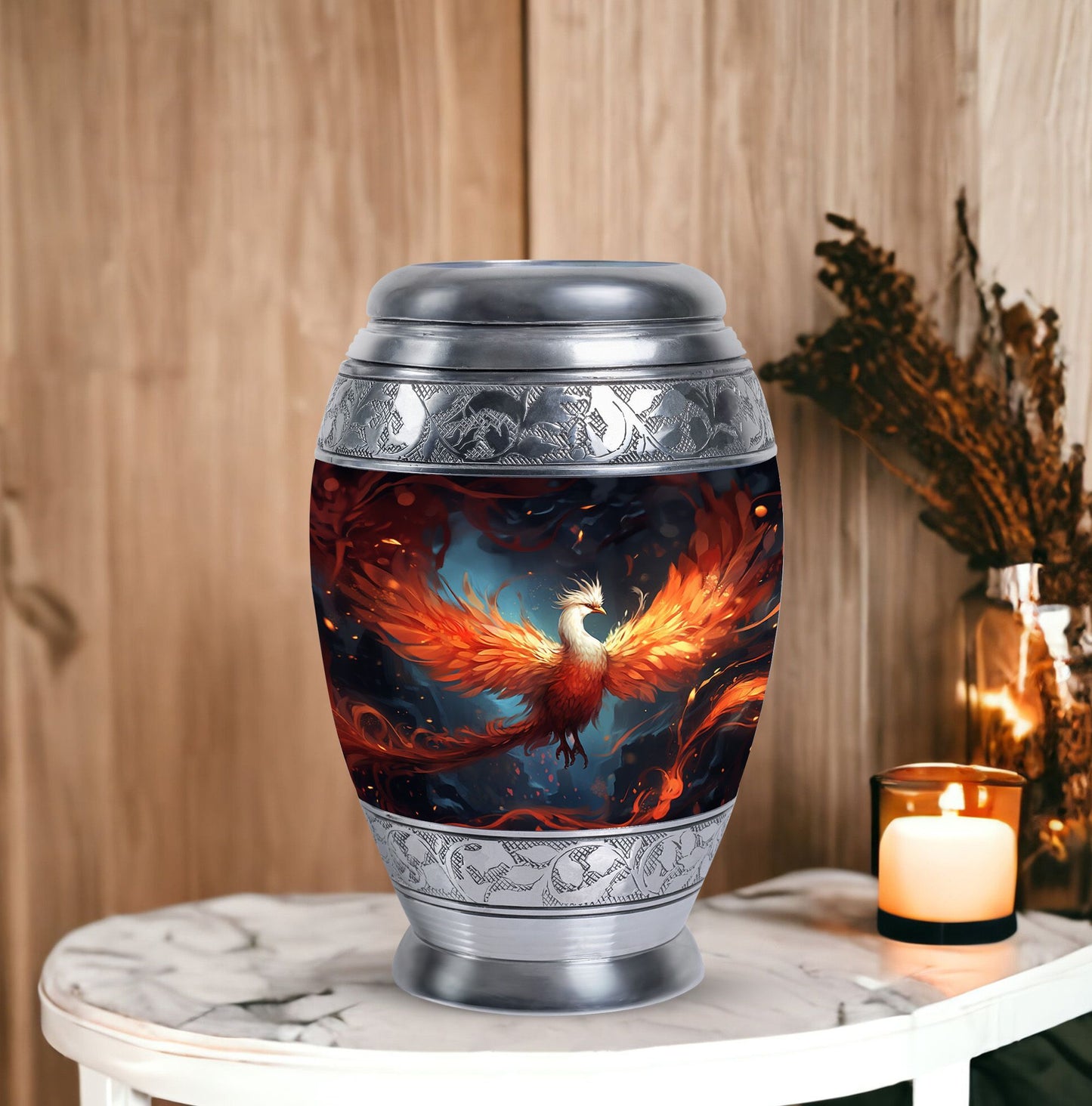 Classic white Phoenix cremation urn, aluminum large urn
