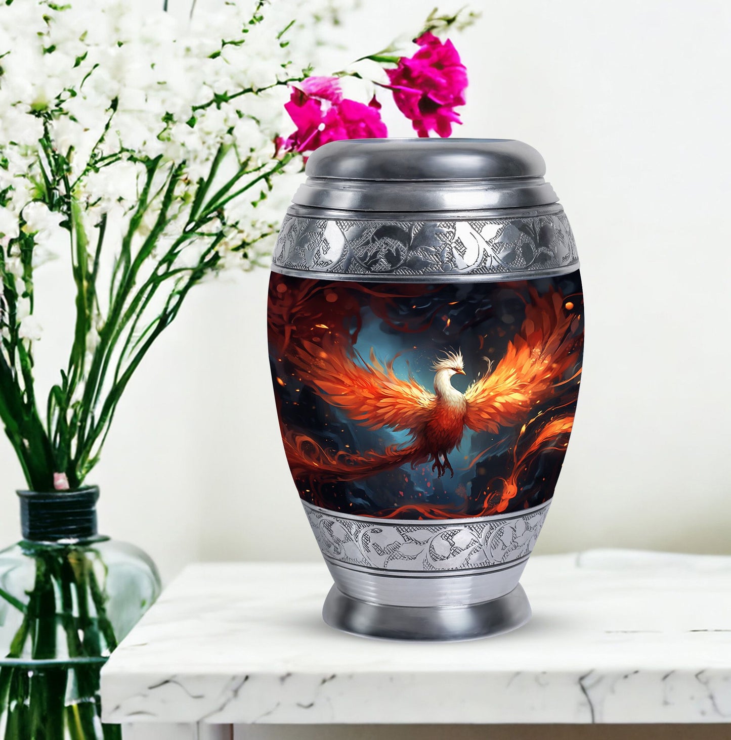 Classic white Phoenix cremation urn, aluminum large urn