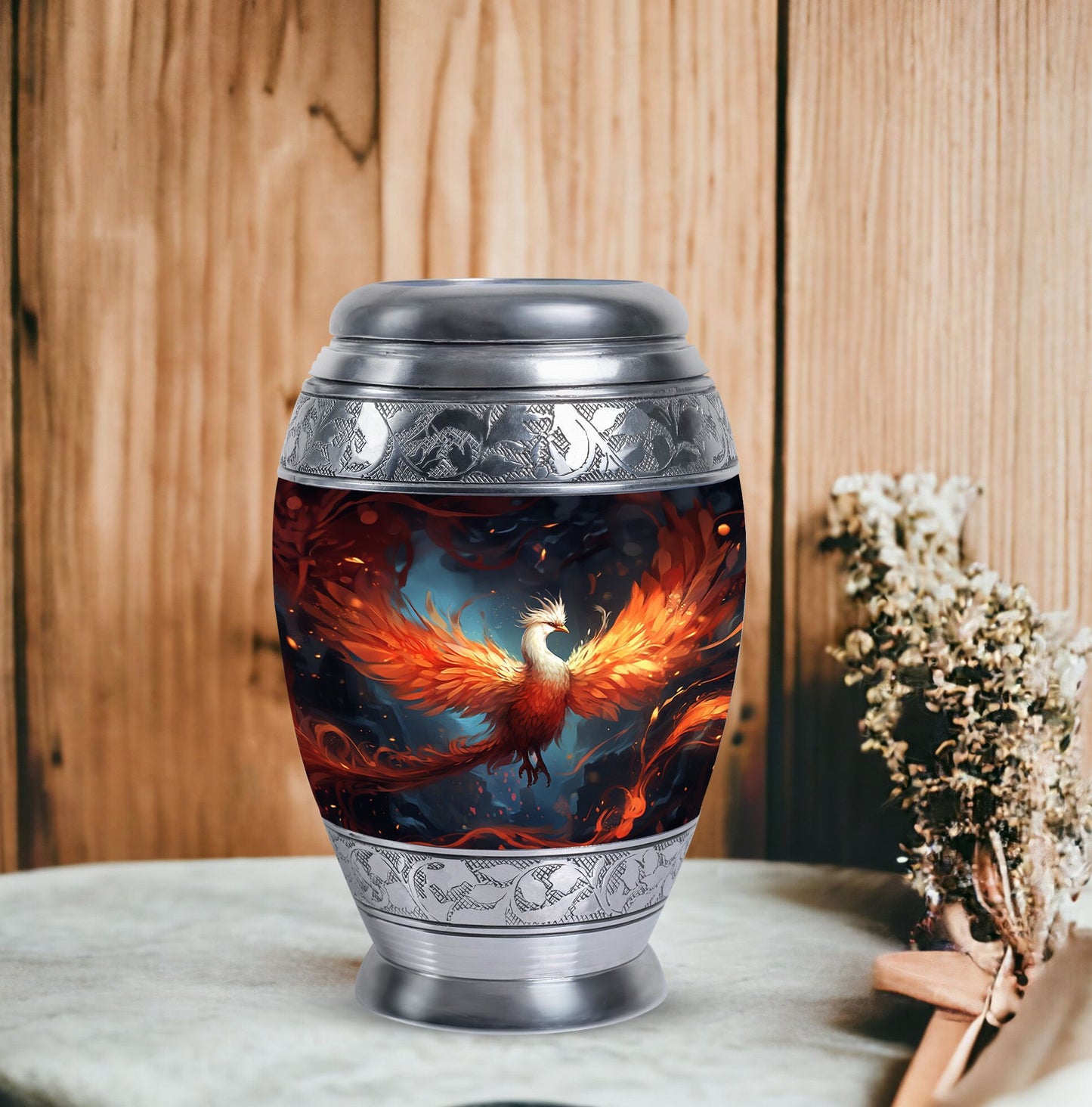 Classic white Phoenix cremation urn, aluminum large urn